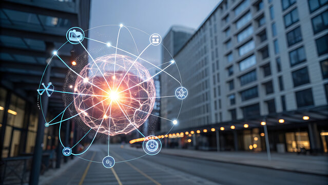 A web of glowing, synapse-like connections resembling a brain’s neural pathways. Each node emits a soft light, with digital particles flowing along the lines in a futuristic lab-like setting