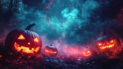 Glowing jack-o'-lanterns in spooky forest at night.