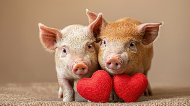 Valentine's Day banner with cute pigs and empty place for text. Two minipigs with red heart-shaped card. Warm colors and soft texture create romantic atmosphere. Love pets background with copy space.