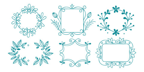 hand-drawn floral and leafy decorative frame set for vintage designs
