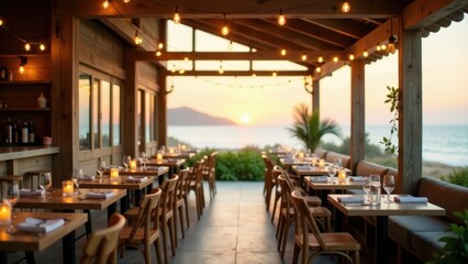 Fototapeta premium Oceanfront Dining Experience at Sunset Wooden Patio with String Lights and Tables Set for an Evening Meal