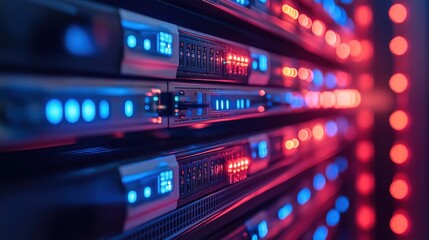 Close-up of modern server racks with glowing blue, red LEDs and network cables in a futuristic data center