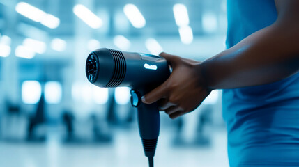 A person holding a handheld hair dryer in a modern bathroom.