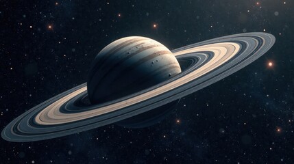 A majestic gas giant planet, encircled by a stunning system of rings, floats serenely amidst a field of distant stars and cosmic dust.