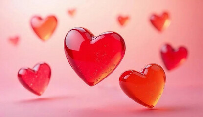 Fototapeta premium red, pink and orange heart-shaped jellies bouncing on a pink background