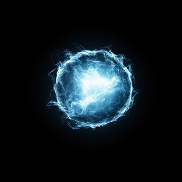 glowing energy orb with bright electric blue core, radiating light and energy in dark background