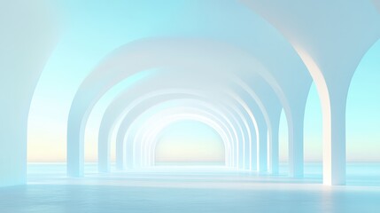 A long, narrow, white archway with a blue sky in the background