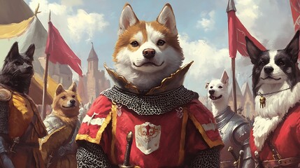 Obraz premium Charming Medieval Fair Featuring Pets Dressed as Knights and a Princess in an Enchanting Festival Scene