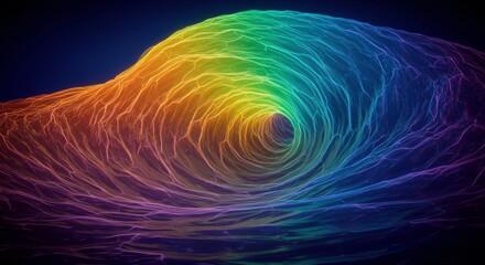 Rainbow Vortex Tunnel: Abstract digital art depicting a mesmerizing rainbow-colored vortex, creating a tunnel-like effect with vibrant energy and flowing lines.