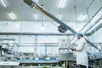 scientist food processing plant supervisor examines industrial control systems, overseeing the production line to maintain high-quality standards and optimize the automated manufacturing process.