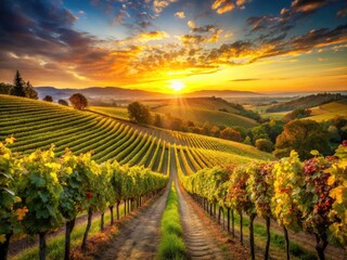 Naklejka premium Panoramic Vineyard Landscape: Weinranken 12.1 Sunset, Rolling Hills, Grapevines, Autumn Harvest, Wine Country Scenery