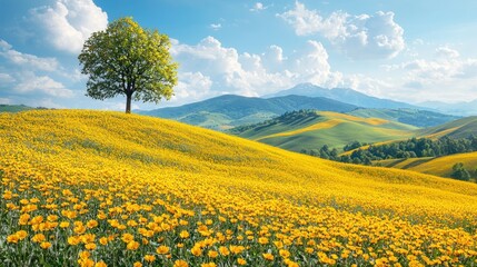 Fototapeta premium Solitary tree on a yellow flower field and rolling hills under a blue sky with fluffy clouds.