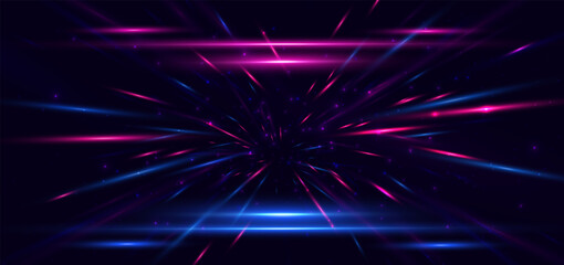 Abstract technology futuristic neon glowing blue and pink light lines with speed motion blur effect on dark blue background.