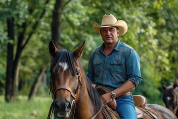 Obraz premium man in a cowboy attire riding a horse