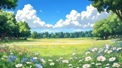 Summer Day in a Blooming Meadow: An Anime-Style Landscape
