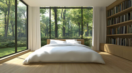 Serene Bedroom 3D Render Sunlight Forest View