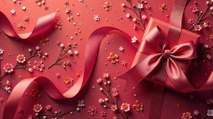 Obraz premium A crimson gift box adorned with a luxurious satin ribbon, nestled amongst delicate blossoms and shimmering confetti, evokes feelings of joy and celebration.