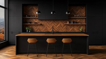 Sleek Modern Kitchen Interior with Warm Wood Accents