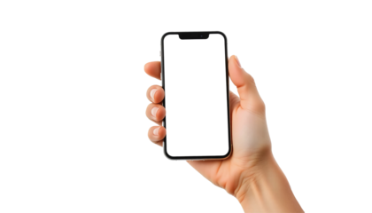 Hand holding a smartphone isolated on white background. Mockup concept. Suitable for marketing or business purposes. PNG file