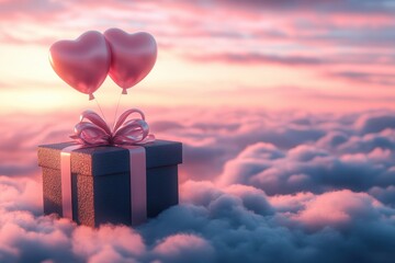 3D Floating Gift Box with Heart Balloons in a Dreamy Sky Setting