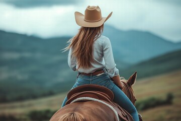 woman in a cowboy attire riding a horse, view from the back
