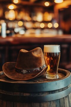 a glass of beer and a cowboy hat on a wooden barrel with a blurred bar in the background