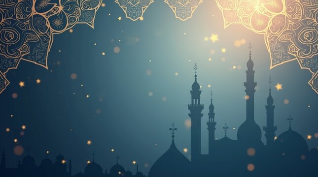 Serene Mosque Silhouette: Golden Mandala and Starry Night
