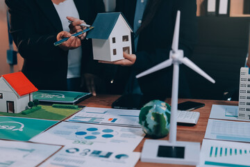 Carbon offset price report CO2 emission. Future growth Net zero waste in ESG ethical SME office protect climate change global warming social issues project. Group of asia people Eco friendly SDGs plan