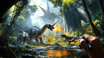 Naklejka premium A vibrant prehistoric scene depicting dinosaurs in a lush jungle setting.