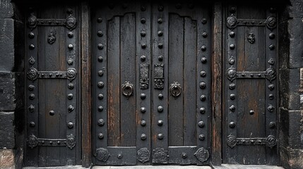 Fototapeta premium Ancient dark wooden door, ornate metalwork.