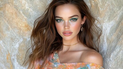 Naklejka premium Radiant beauty with vibrant makeup against a textured backdrop