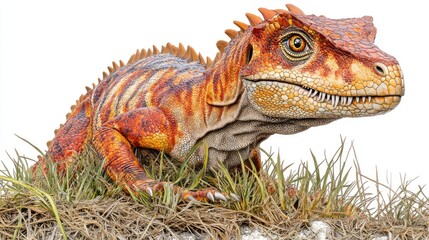 Fototapeta premium A colorful dinosaur-like creature perched on grass, showcasing detailed textures and colors.