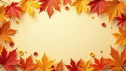 Autumnal Frame of Vibrant Maple Leaves with Small Flower Accents on a Pale Yellow Background