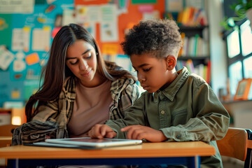 Young student with autism using tablet in inclusive classroom with teacher's support