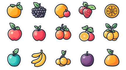 Colorful fruit icons; digital illustration; white background; website design.
