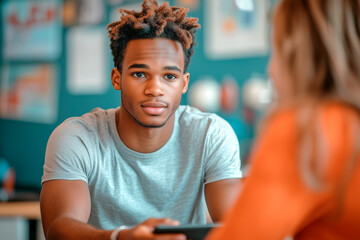 Young african-american student using tablet in inclusive classroom setting
