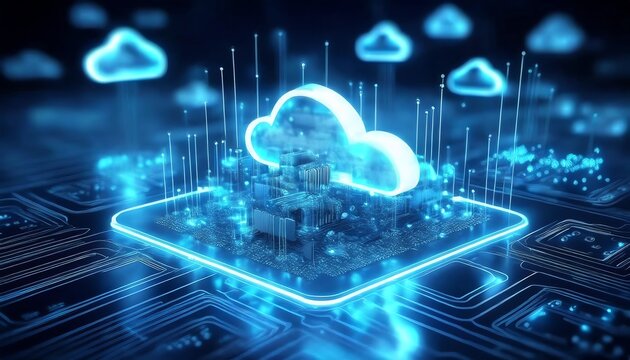 A futuristic digital representation of cloud computing with glowing clouds and data streams over a circuit board.