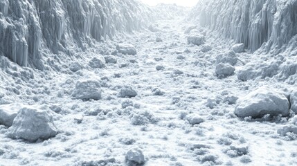 A snowy landscape with icy walls and scattered rocks.