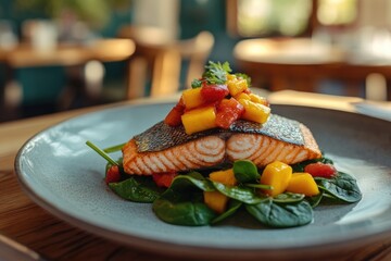 Grilled salmon with mango salsa on a bed of spinach