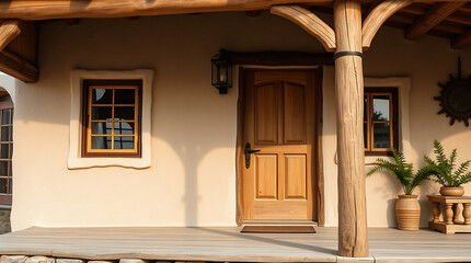 Fototapeta premium Tan stucco building exterior with wooden porch, large wooden door, two smaller windows with dark frames, and a wood beam overhang. Planters with greenery flank the porch.