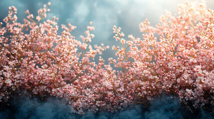 Fototapeta premium Pink blossoms blooming in misty spring scene.