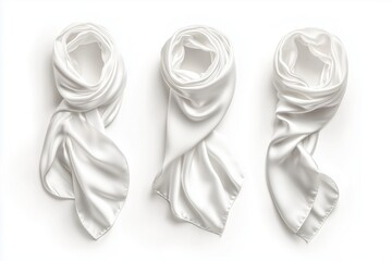 Three white silk scarves from above, isolated on white.