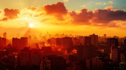 Obraz premium Fiery Sunset Over City Skyline: Urban Panorama