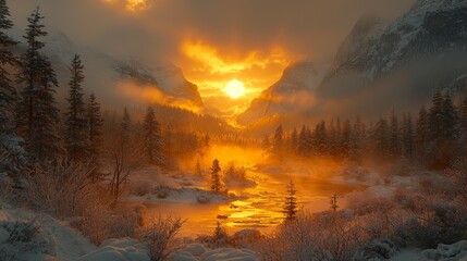 Sunrise illuminating a snowy river valley between majestic mountains.