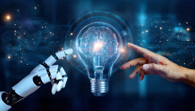A robotic hand and a human hand reach towards a glowing light bulb, symbolizing the connection between technology and innovation.
