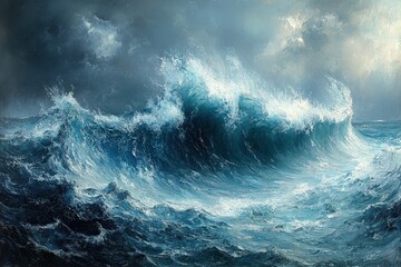 Fototapeta premium Ocean waves crashing, stormy sky, impasto painting.