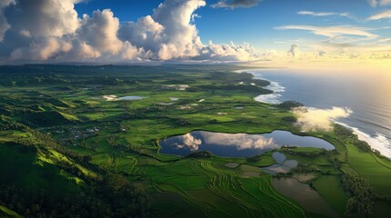 Breathtaking Aerial View of Lush Green Rice Terraces Overlooking a Serene Coastal Landscape at Sunset with Dramatic Cloud Formation