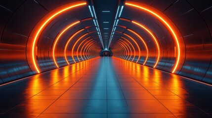 Futuristic orange neon tunnel glowing corridor.