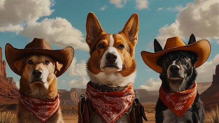 Adorable Dogs in Cowboy Hats Against a Stunning Wild West Backdrop, Embracing the Spirit of Adventure with Their Charming Bandanas