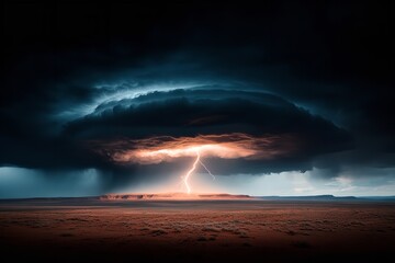 A powerful lightning bolt flashes amidst dark thunderstorm clouds, creating an electrifying display above the expansive desert terrain during twilight